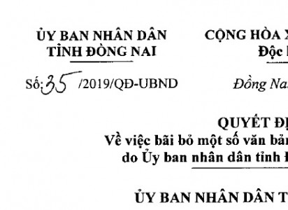 Bãi bỏ một số văn bản quy phạm pháp luật do UBND tỉnh Đồng Nai ban hành