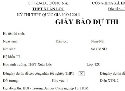 THÔNG BÁO NHẬN GIẤY BÁO DỰ THI THPT QUỐC GIA NĂM 2016