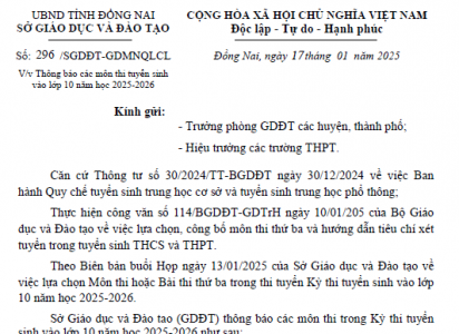 Thông báo các môn thi tuyển sinh vào lớp 10 năm học 2025-2026