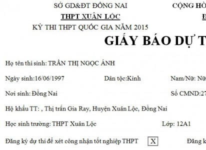Thông báo nhận giấy báo dự thi kỳ thi THPT quốc gia năm 2015